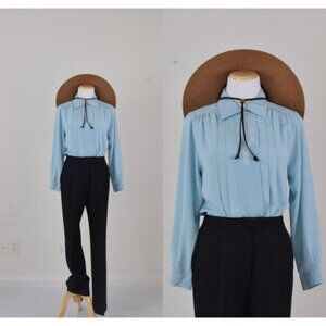 Vintage‎ Teal Polyester Embroidered Blouse size 10